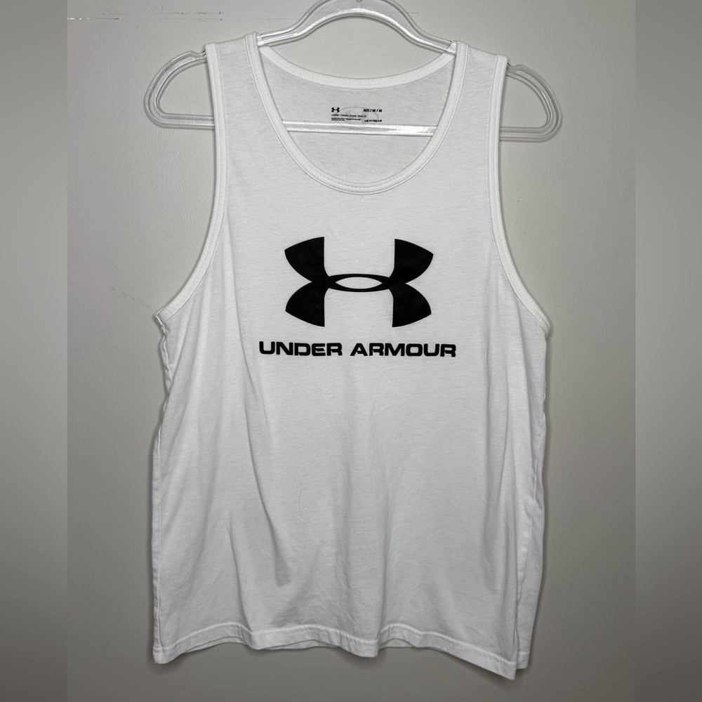 Under Armour White Tank with Black Logo Print Heatgear Medium
